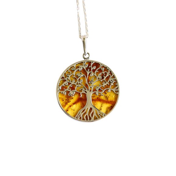 Lemon Amber Tree of Life Pendant Necklace in 925 Sterling Silver - Picture 1 of 6